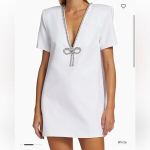 AREA Core Crystal Bow V-neck T-shirt Dress White Mini Dress XL